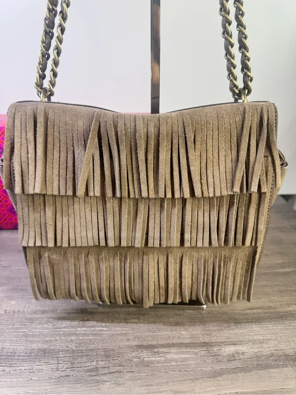 Tory Burch Tan Suede Fringe Shoulder Crossbody Bag with Antique Gold Chain